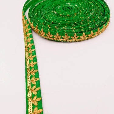 Green Art Silk Trim with Gold Floral Embroidery and Gold Sequins Indian Sari Border Trim By 3 Yards Decorative Trim Craft Lace
